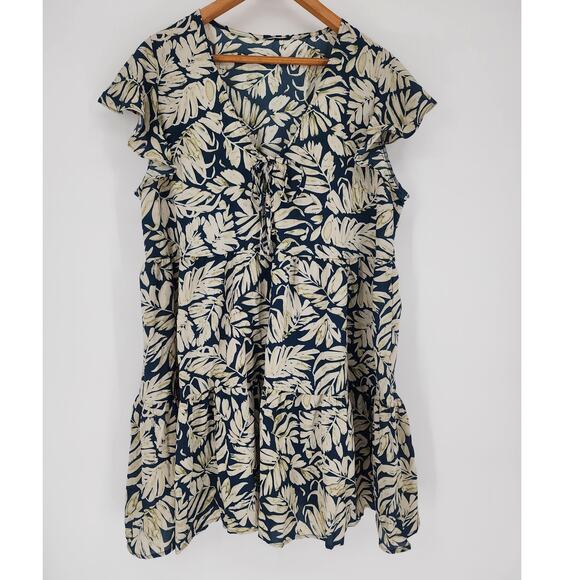 Cupshe Tropical Leaf Print Cover-Up Dress Navy/Cream Women’s XL - Picture 1 of 12